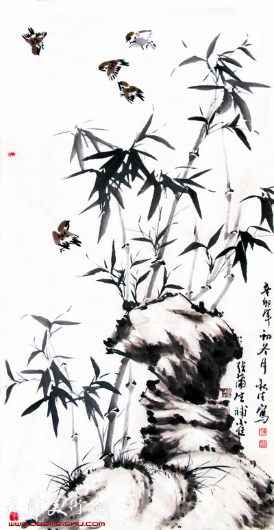 周秋生作品：竹林雀跃（张蒲生补鸟）