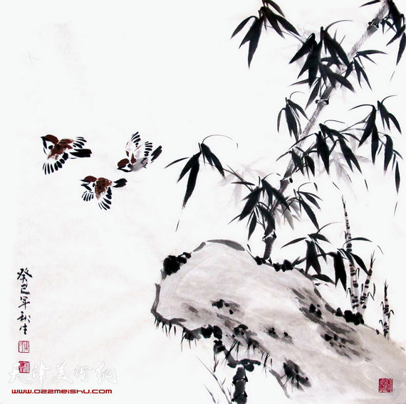 周秋生作品：竹雀图