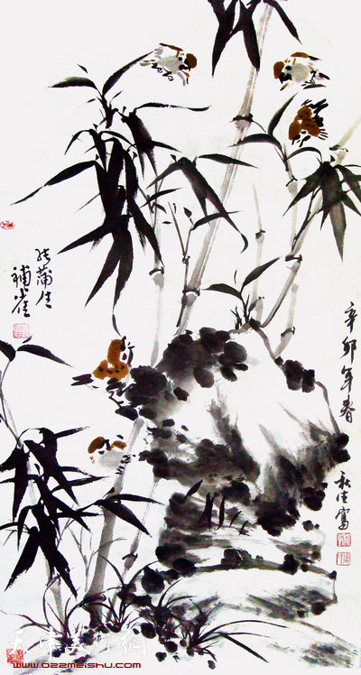 周秋生作品：竹雀图（张蒲生补鸟）