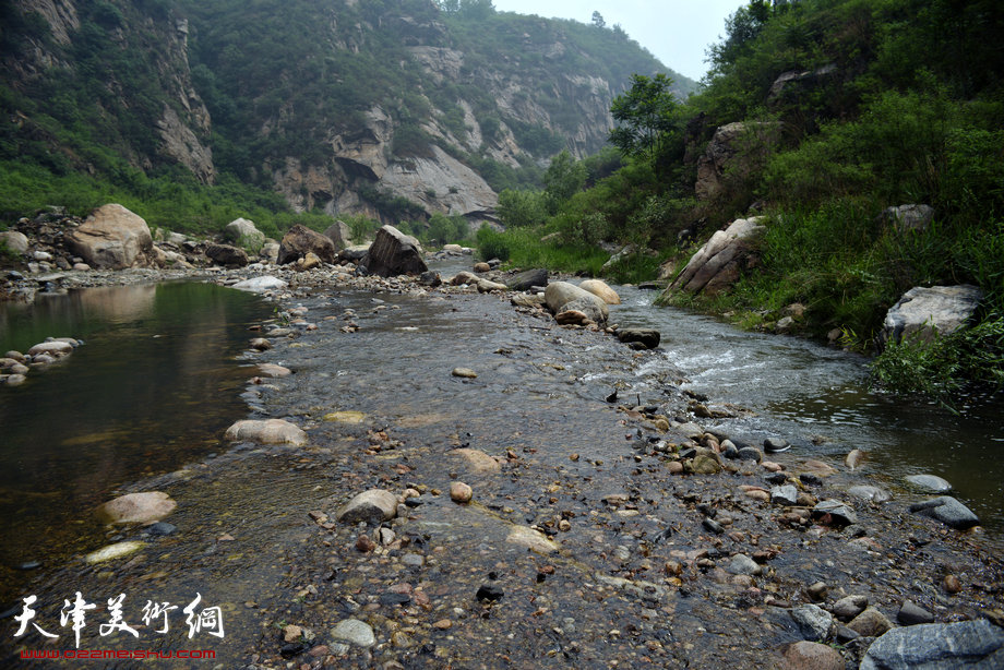 天津著名山水画家到阜平三道岭采风写生。太行山涧。