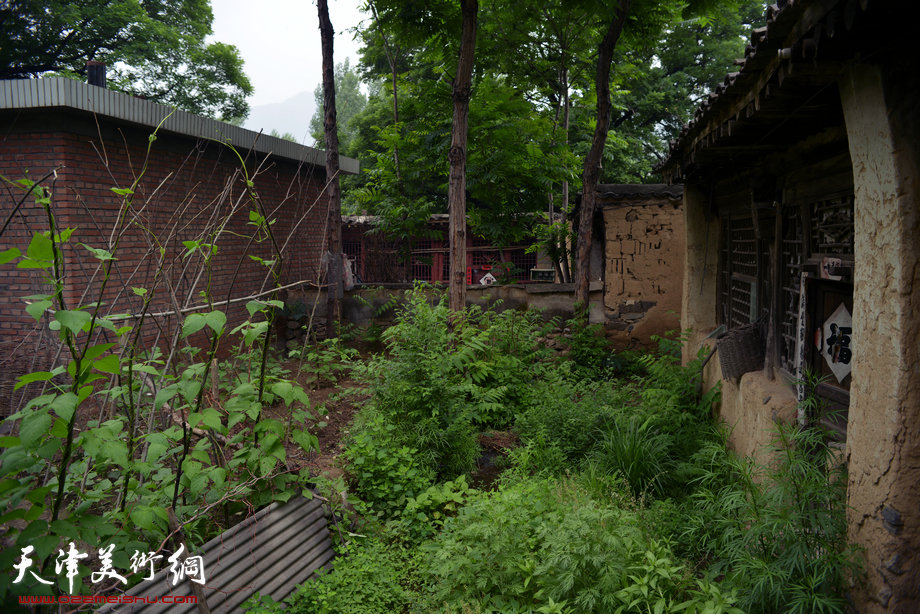 天津著名山水画家到阜平三道岭采风写生。移民旧屋，冷落的小院。