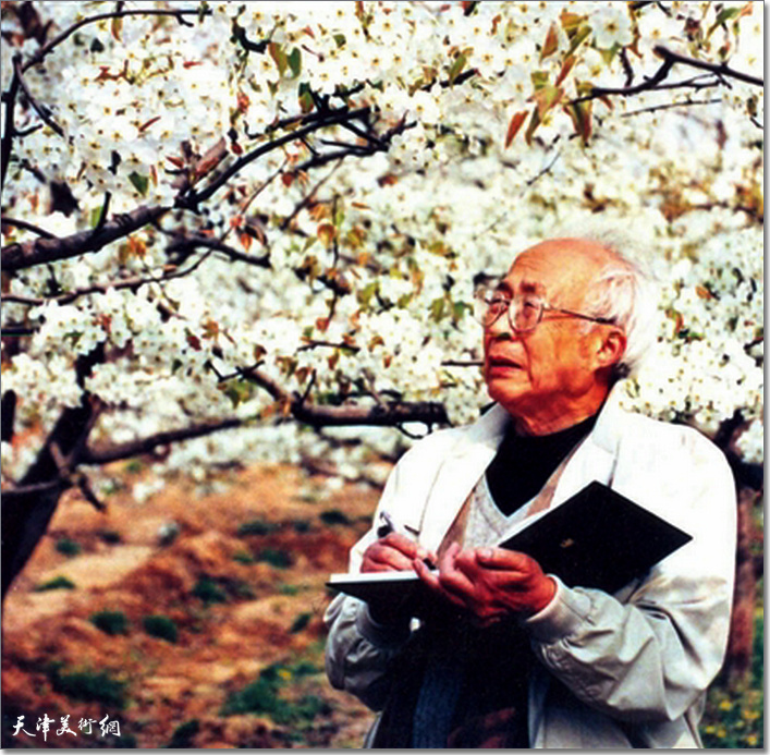 1999年，孙其峰先生在山东招远的梨园写生。